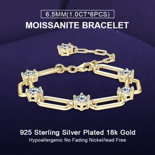 IOGOU Full D Round Moissanite Diamond Bracelet for Women 925 Silver Geometric Pin Paper Clip Design Adjustable Chain Bracelet