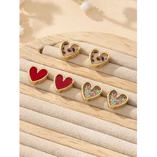 3 Pairs Heart Stud Earrings: Red, Leopard Print & Confetti Glitter, Gold-Tone Alloy for Everyday Wear