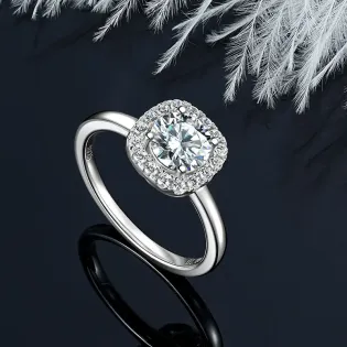 IOGOU 925 Silver 6.5mm 1.0CT D Round Moissanite Diamond Halo Ring Wedding Finger Bands for Women GRA Certifed Promise Jewelry