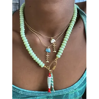 Mint Beaded Layered Necklace with Enamel Fish & Bone Charms, Gold-Tone Multi-Pendant Design