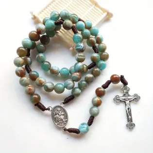 Handmade Blue-Green Beaded Prayer Necklace with Metal Cross Pendant