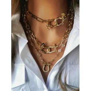 Layered Gold-Tone Chain Necklace with Crystal-Embellished Shackle Pendant