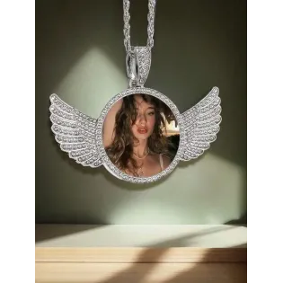 Custom Photo Pendant Necklace with Rhinestone Angel Wings, Silver Tone