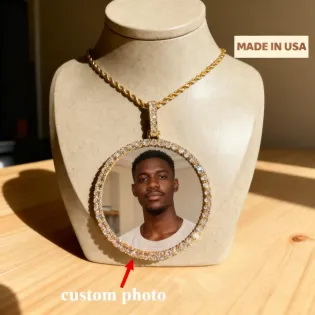 Men's Custom Photo Pendant Necklace - Large Round Frame with Cubic Zirconia, Gold-Tone Chain, Made in USA