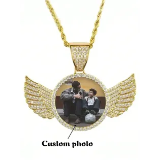 Custom Photo Angel Wings Pendant Necklace, Hip Hop Style Personalized Jewelry Gift for Couples, Family, Friends