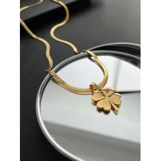 Stainless Steel Snake Chain Necklace with Gold-Tone Four Leaf Clover Pendant